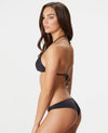 Woman with brown hair in a black string-tie bikini.